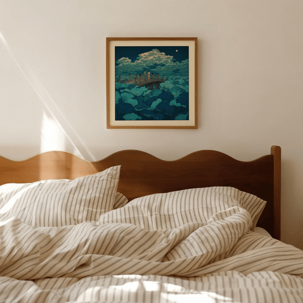 Night sky moon above lotus pond print with layered foliage and bridge