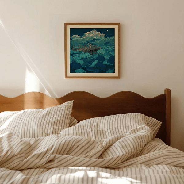 Night sky moon above lotus pond print with layered foliage and bridge