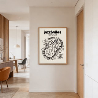 Minimal line art print showing jazz band trio with floating musical notes