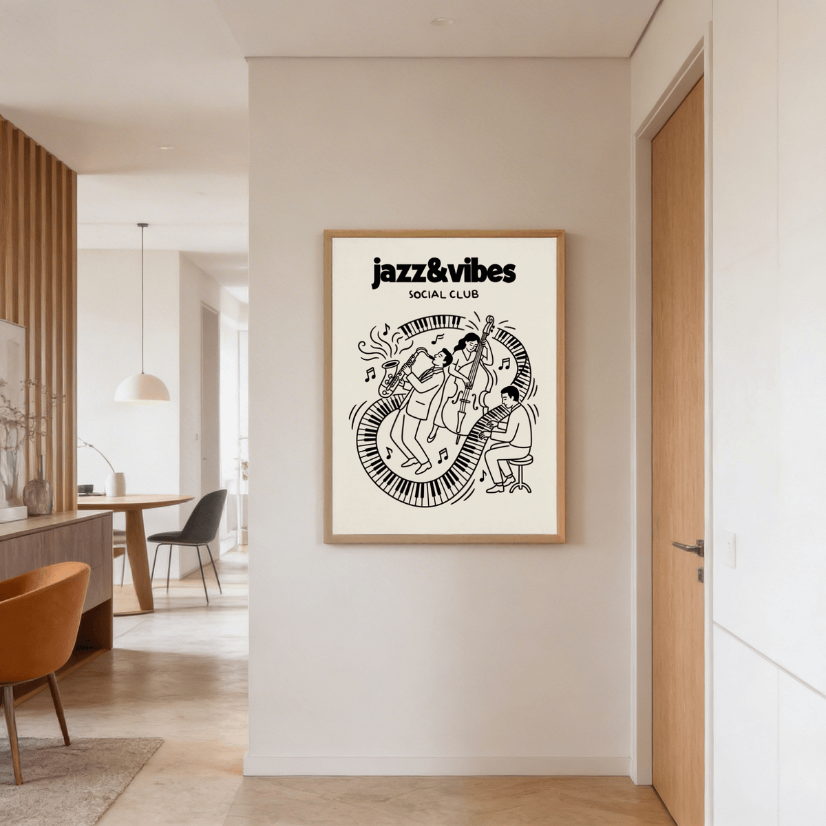 Minimal line art print showing jazz band trio with floating musical notes