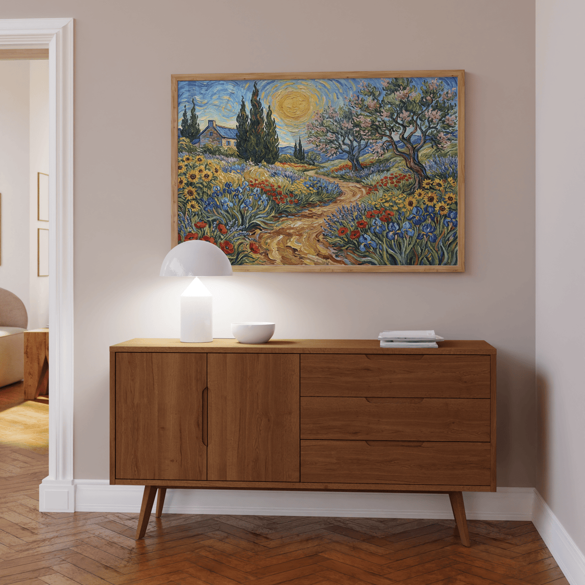 Art print with Floral Landscape Art Print and red flowers for family room