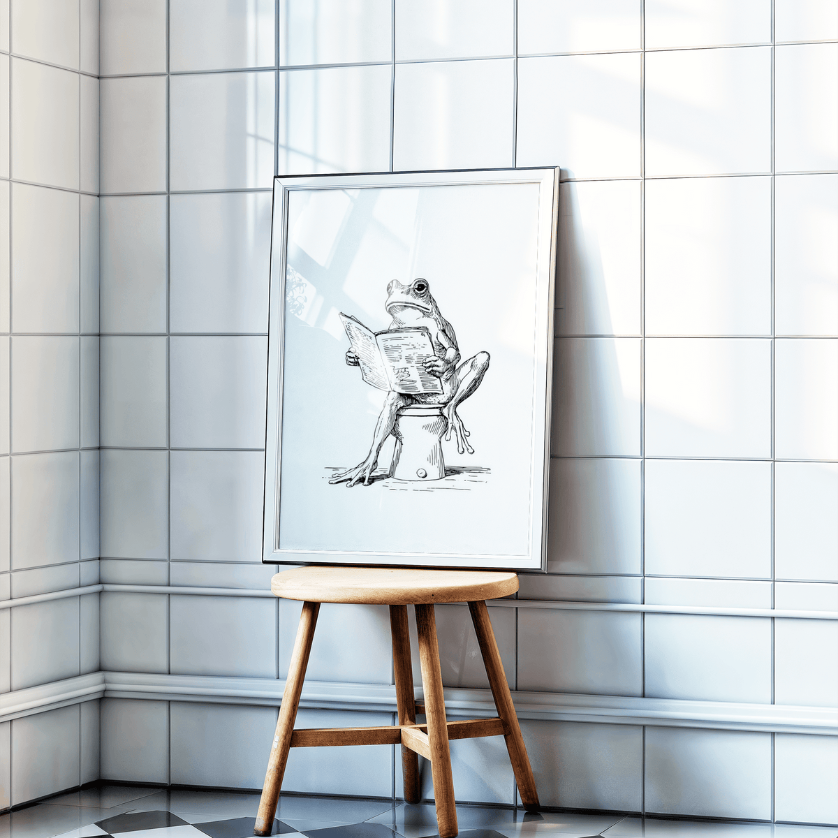 Frog Reading Art Print in black and white featuring a frog with an open book