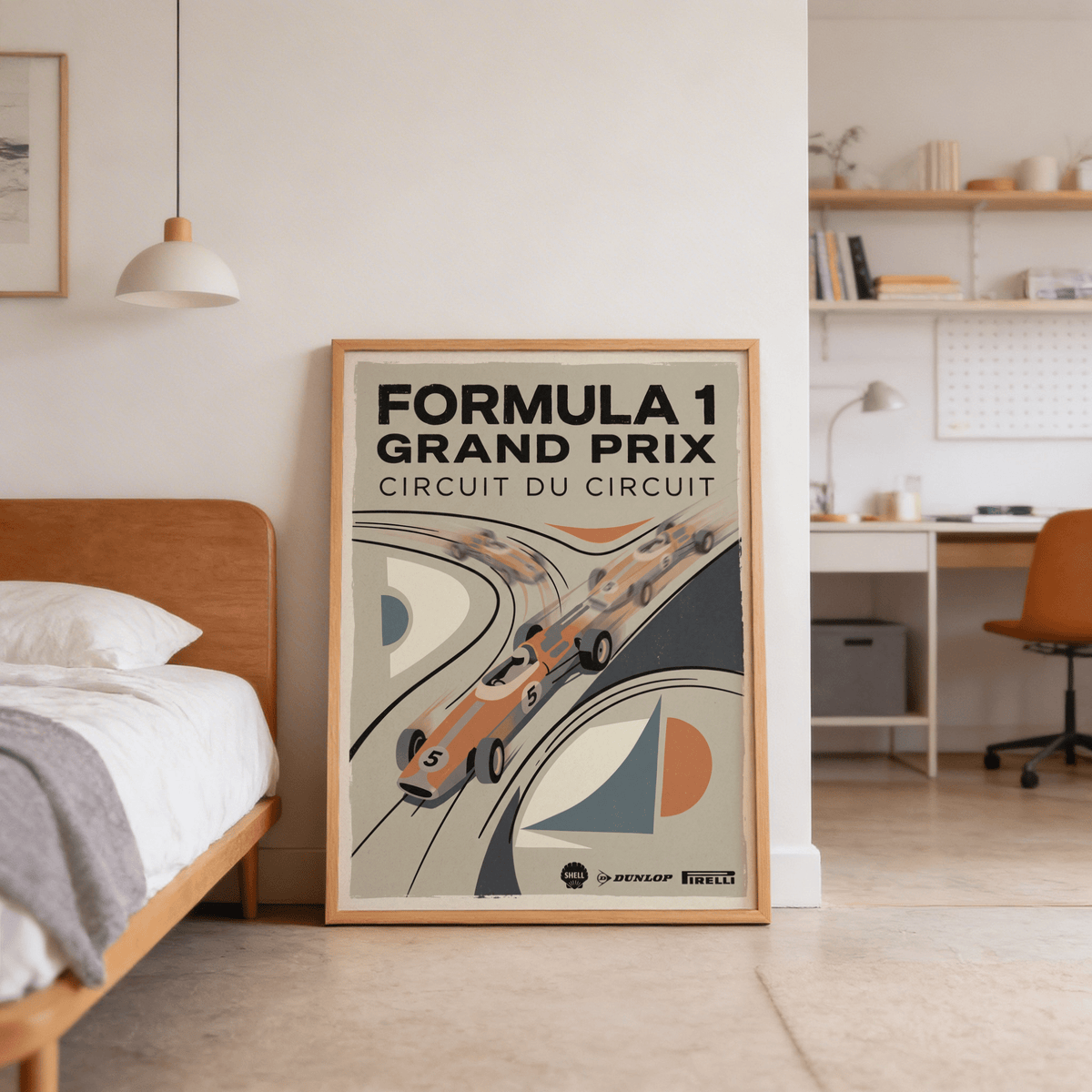 Vintage Racing Poster hung above desk, showing full track composition