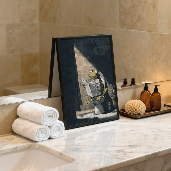 Playful frog print featuring a toilet scene, newspaper, and small bottle on the floor