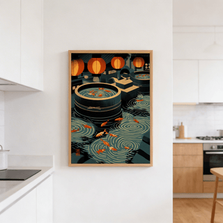 Japanese Koi Art Print wall decor with koi swimming through channels between pools