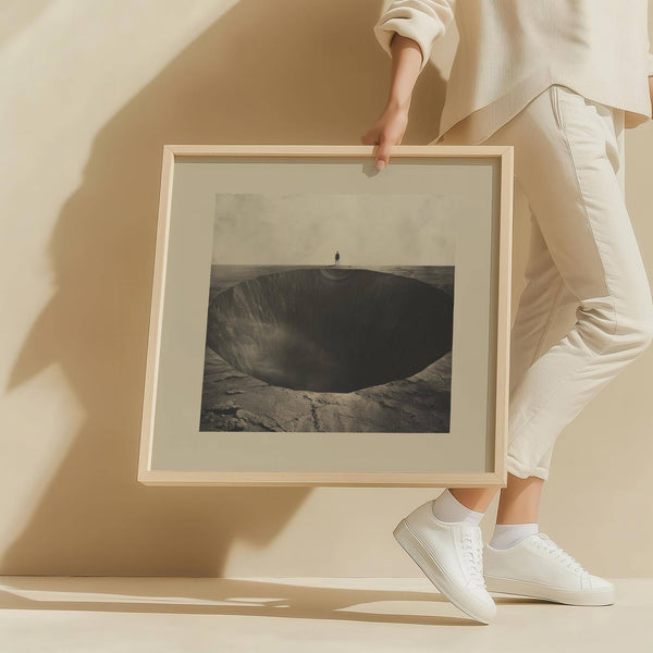 Monochrome surrealist wall art with mysterious depth