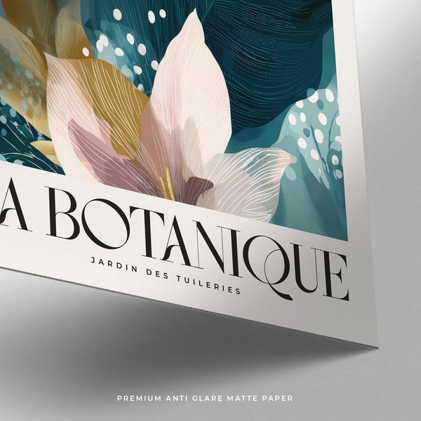 Large botanical artwork print with soft pink flowers and leafy backdrop