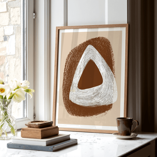 Curved triangle outline over painterly block, modern geometric poster