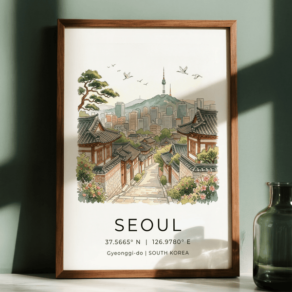 Vertical Seoul Landscape Art Print featuring broadcast tower and clustered high-rises