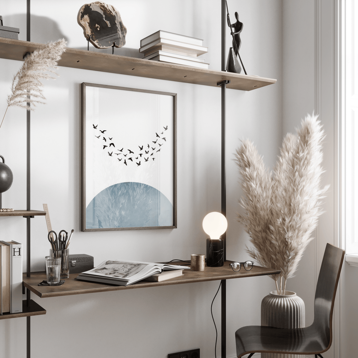 Minimal Wall Decor birds theme poster in Blue and White for entryway