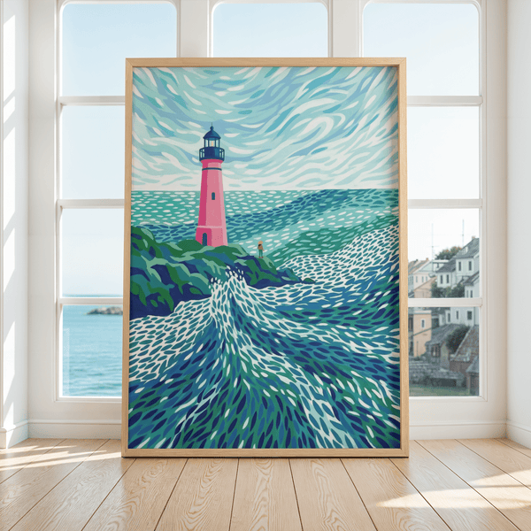 Modern Lighthouse Art print, Blue and Green ocean scene, ideal for hallway decor