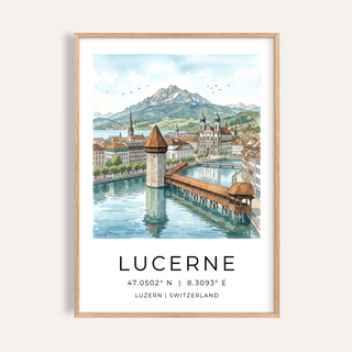 Framed close-up of Lucerne Watercolor Art Print showing Chapel Bridge with blue sky and reflections