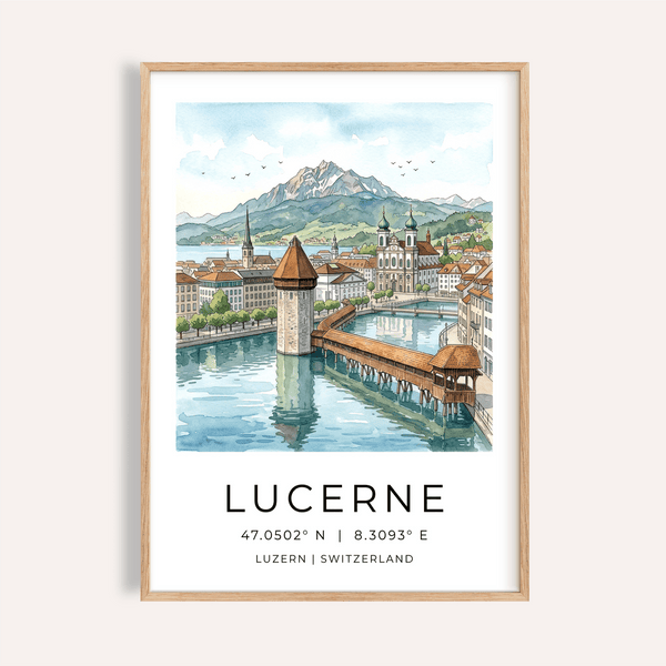 Lucerne Watercolor Art Print poster showing Chapel Bridge spanning Reuss River at dusk
