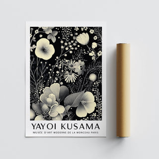 Graphic large floral wall art featuring cream blooms on a black background