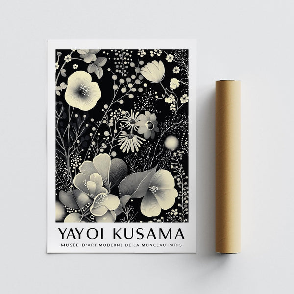 Graphic large floral wall art featuring cream blooms on a black background