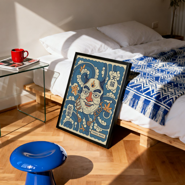 Vintage-style Japanese illustration wall art print with demon mask face