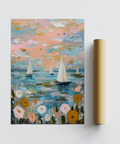 Sailboat Wall Art Blue and Pink tones for bathroom wall art