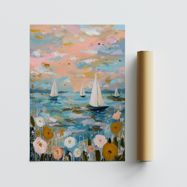 Sailboat Wall Art Blue and Pink tones for bathroom wall art