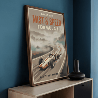 Racing Vintage Poster featuring Grand Prix Mist & Speed text over a misty landscape and track