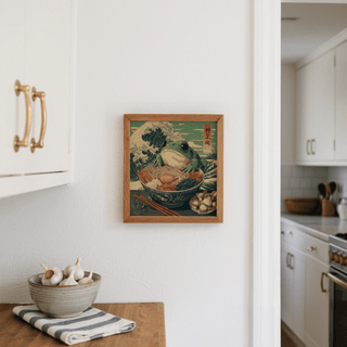 Frog Ramen Art colorful wall art for kitchen featuring green hues