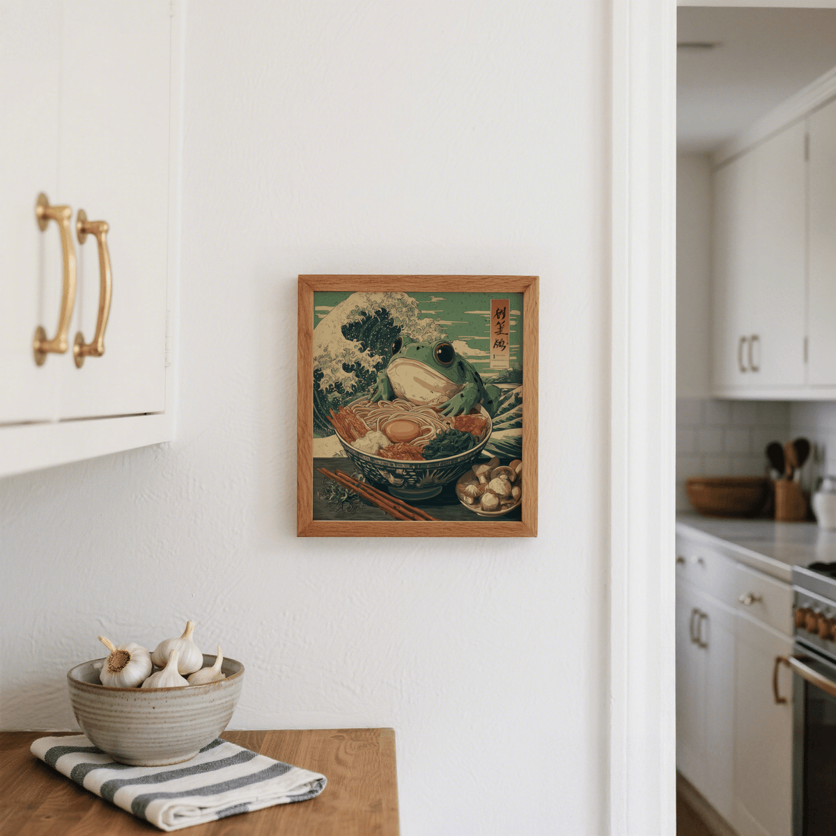 Frog Ramen Art colorful wall art for kitchen featuring green hues