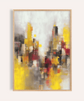 Abstract Cityscape Art Print with yellow, red, and gray for living room wall art