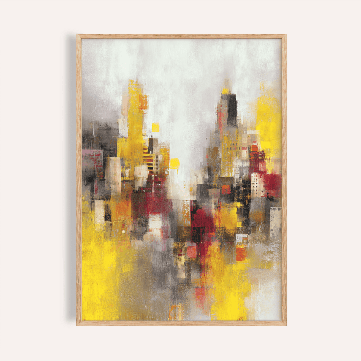 Abstract Cityscape Art Print with yellow, red, and gray for living room wall art