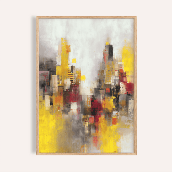 Abstract Cityscape Art Print with yellow, red, and gray for living room wall art