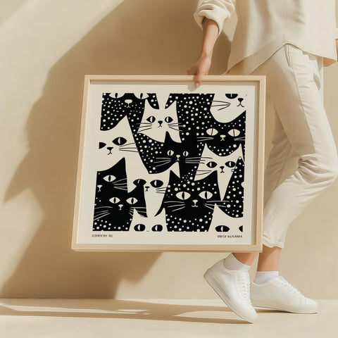 Black and white abstract cat print with minimalist design.