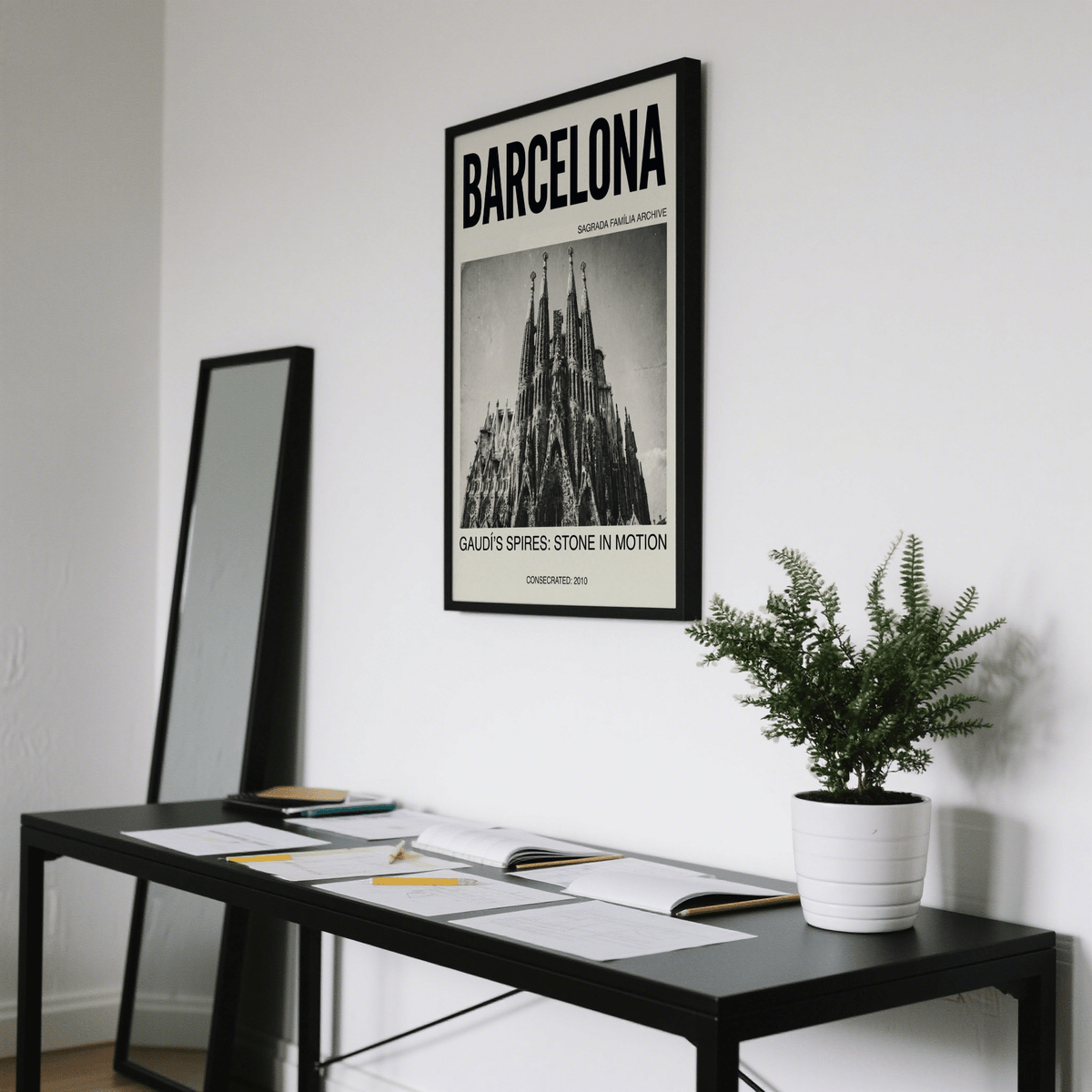 Vintage-style architecture wall art showing Sagrada Família façade and tall spires under open sky