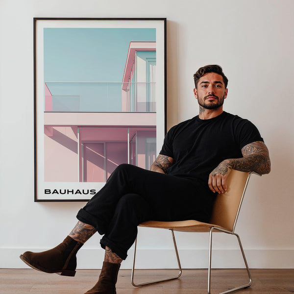 Wall art in soft hues featuring Bauhaus style geometric building.