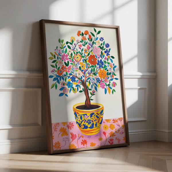 Tree of Life Wall Art with colorful blossoms in a patterned pot.