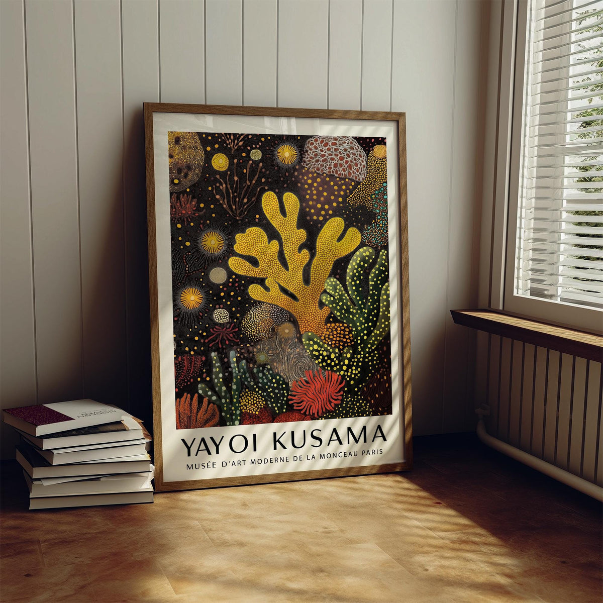 Coral reef painting showcasing yellow coral and marine life abstraction.