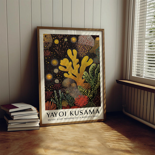 Coral reef painting showcasing yellow coral and marine life abstraction.