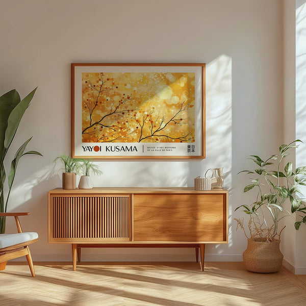 Warm-toned landscape poster featuring dotted branches for cozy spaces