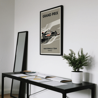 Retro-style motorsport wall art print with track stripe pattern and car profile illustration