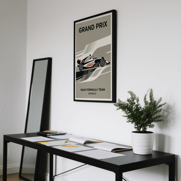 Retro-style motorsport wall art print with track stripe pattern and car profile illustration