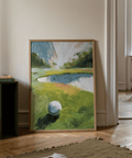 Textured brushstroke golf green wall art with distant treeline