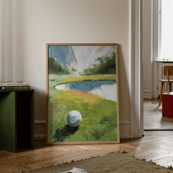 Textured brushstroke golf green wall art with distant treeline