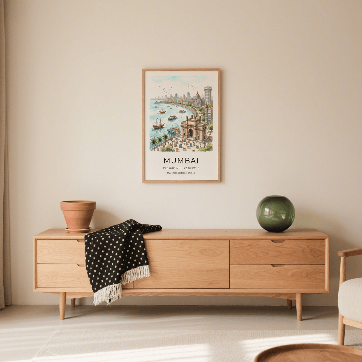 Mumbai City Wall Art poster including 'MUMBAI' text and coordinates