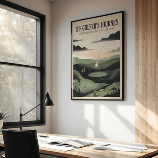 Golf Landscape Art Print with central putting green, flagstick, and descending ball streak