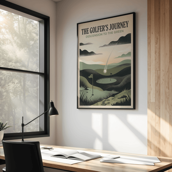 Golf Landscape Art Print with central putting green, flagstick, and descending ball streak