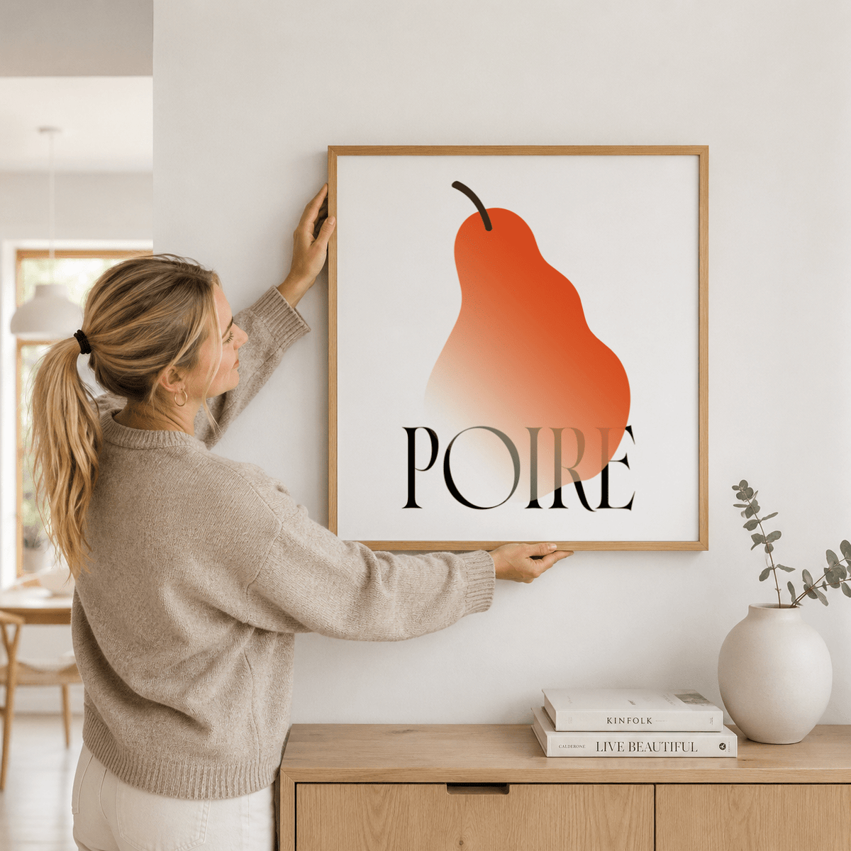 Close-up view of pear illustration poster with smooth gradient shading and crisp typography