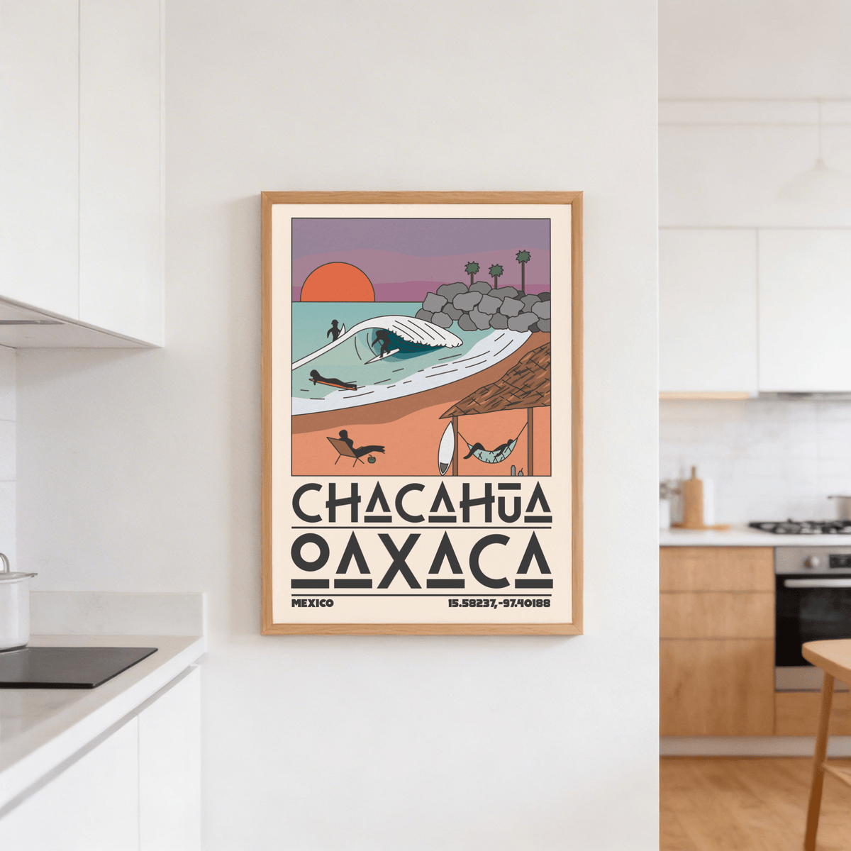 Turquoise barrel wave poster with low sun and rocky shoreline