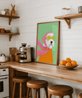 Funny Pet Poster depicting white dog in pink and orange for playful bedroom decor