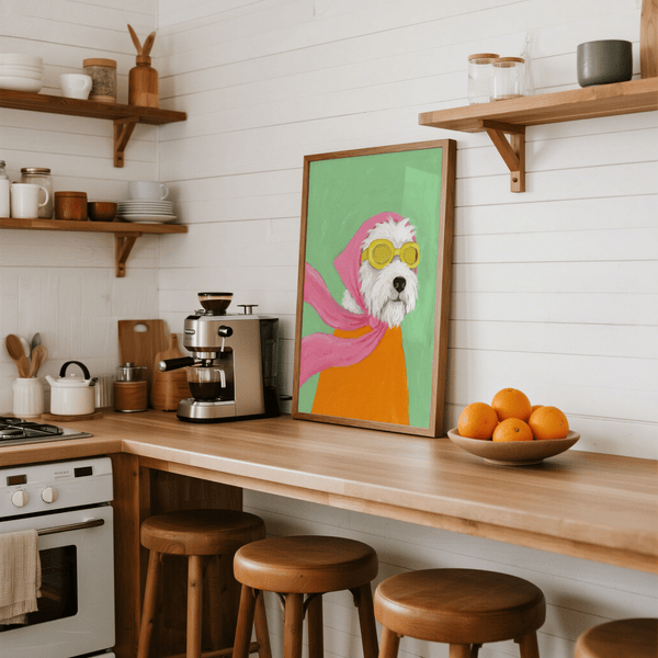 Funny Pet Poster depicting white dog in pink and orange for playful bedroom decor