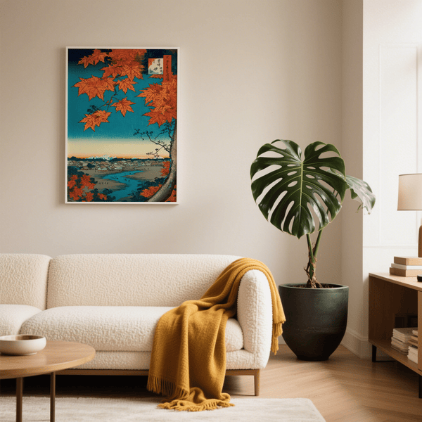 Japanese Landscape Art Print in blue and orange for bedroom decor poster