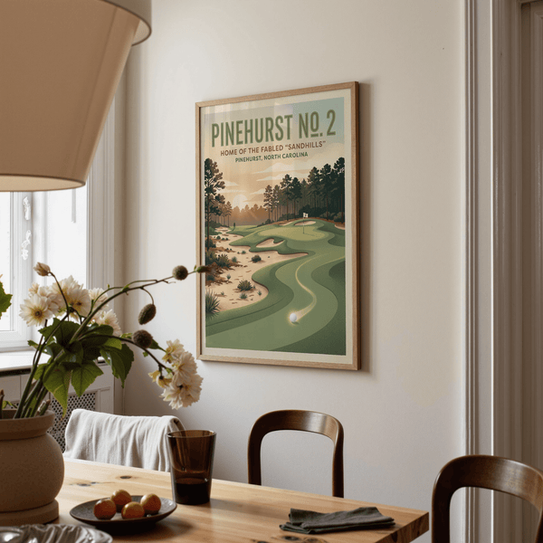 Presenting Pinehurst Golf Course Art Print wall art with winding fairway path and golf ball near the bottom edge