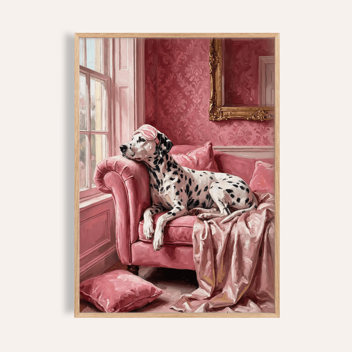 Dalmatian Art Print in Pink, White, Black for living room wall art