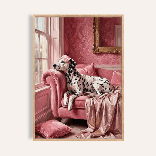 Dalmatian Art Print in Pink, White, Black for living room wall art